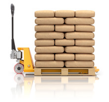 Cement Bags And Pallet Jack On White Reflective Background - 3D Illustration