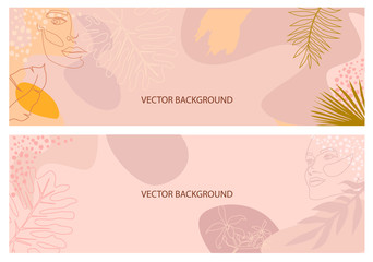 Poster - Set of abstract horizontal background with tropical elements, shapes and girl portrait in one line style. Background for mobile app minimalistic style. Vector illustration