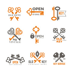 Sticker - key logo. real estate padlocks emblems and badges elegant vintage ornate keys vector pictures. illus