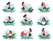 Happy Woman Doing Different Outdoor Activities: Running, Dog Walking, Yoga, Exercising, Sport, Cycling, Walking With Baby Carriage. Vector Illustration In Flat Style, Healthy Lifestyle Concept.