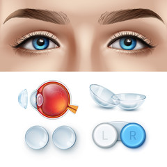 Ophthalmology realistic set of contact lens and human eye