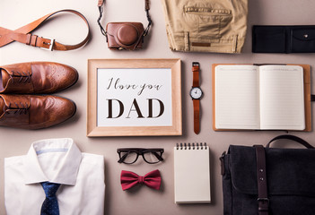 Wall Mural - Fathers day greeting card concept. Flat lay.