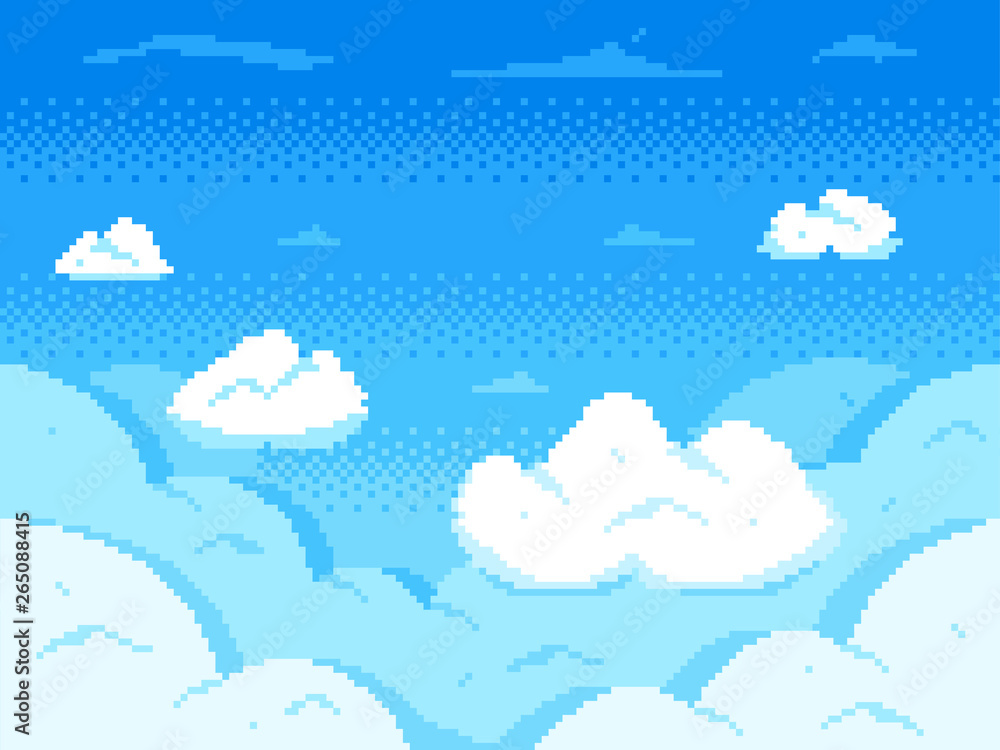 Pixel art sky. Clouds 8-bit skyline, retro video game cloud landscape ...