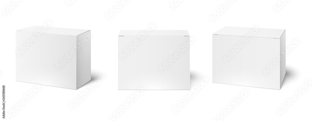 White box mockup. Blank packaging boxes, cube perspective view and cosmetics product package mockups 3d vector illustration set - obrazy, fototapety, plakaty 