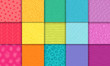 Abstract hand drawn rainbow geometric simple minimalistic seamless patterns set. Polka dot, stripes, waves, random symbols textures. Vector illustration