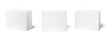 White box mockup. Blank packaging boxes, cube perspective view and cosmetics product package mockups 3d vector illustration set