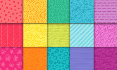 Wall Mural - abstract hand drawn rainbow geometric simple minimalistic seamless patterns set. polka dot, stripes,