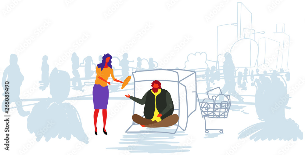 girl giving food to poor man sitting in cardboard box on street out from crowd begging for help beggar homeless feeding concept horizontal sketch doodle - obrazy, fototapety, plakaty 