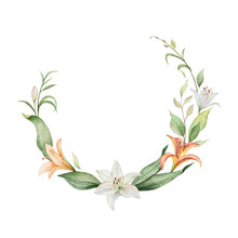 Watercolor Vector Wreath Of Orange Lily Flowers And Green Leaves.