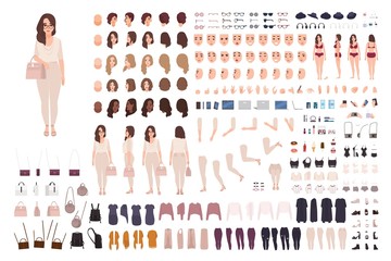 young fashionable woman creation kit or diy set. bundle of body parts, gestures, clothes. trendy str