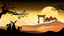 Panorama Landscapes Of Family Rabbit Sitting Under The Tree Looking At Full Moon With Chinese Temple Background, Vector Mid Autumn Festival For Greeting Card, Banner, Poster Template Background