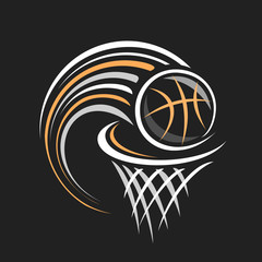 Wall Mural - Vector logo for Basketball, decorative badge with basketball ball flying on trajectory in basket with net on black background, sports chalk sketch on blackboard.