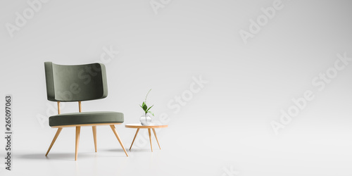 Fotografía Modern armchair with wooden small coffee table isolated on soft gray background