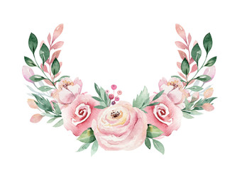 Wall Mural - Hand drawn watercolor wreath illustration. Isolated Botanical wreathes of green branches and flower leaves. Spring and summer mood. Wedding blossom Floral Design elements.