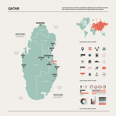  Vector map of Qatar. High detailed country map with division, cities and capital Doha. Political map,  world map, infographic elements.