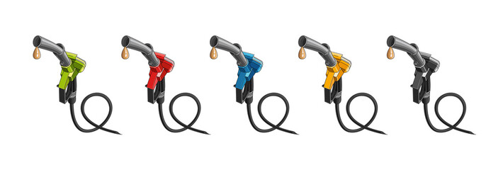 Wall Mural - fuelling nozzles in different colours with drop of fuel illustration