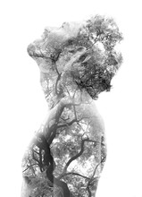 Double Exposure Of A Young Bare-chested Man’s Portrait Blended With Tree Branches And Leaves, Showing The Perfect Beauty Of Nature's Creation, Black And White