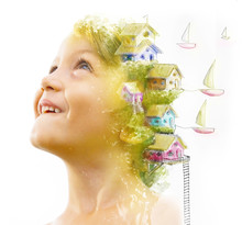 Double Exposure Portrait Of A Young Smiling Child Combined With A Beautiful Handmade Surreal Painting Of Colorful Houses And Sailboats
