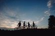 © DenisProduction.com - Four cyclist on hill at evening sky. Group of cyclists walking with bicycles at sunset sky. Happy weekend outdoors.