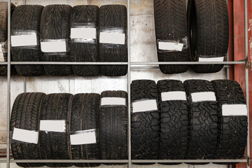 Poster - A large number of car wheels with tires stored vertically in racks for storage during a seasonal climate. Auto service industry.