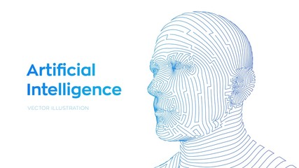 AI. Artificial intelligence concept. Ai digital brain. Abstract digital human face. Human head in robot digital computer interpretation. Robotics concept. Wireframe head concept. Vector illustration.