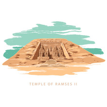 The Great Temple At Abu Simbel, Egypt. Colorful Vector Illustration The Great Temple Of Ramses 2 Hand Drawn In White Background.