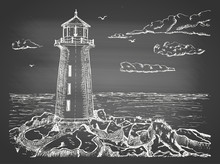 Sketch Of A Sea Landscape With A Lighthouse On A Cliff On Chalkboard. Hand Drawn Sketch In Vintage Engraving Style. Vector Illustration.