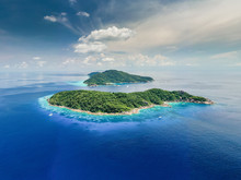 Aerial Drone Panorama Of Beautiful Tropical Islands In A Clear Blue Ocean (Similan Islands)