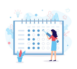 Wall Mural - The woman notes the bullets in the habit tracker. Self-improvement concept. Flat vector illustration.