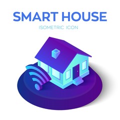 Wall Mural - Smart Home. 3D isometric Smart Home icon. House icon with wi-fi sign. Remote home control system. Internet of things, IOT. Real estate, rent, family and home concept. Vector Illustration.
