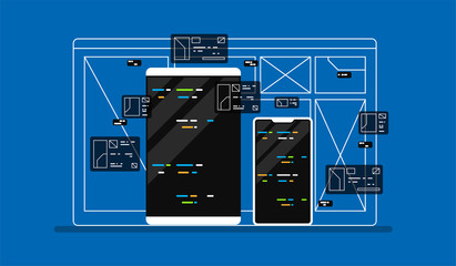 Poster - Web development illustration. programming crossplatforn. Creative template for web and print.