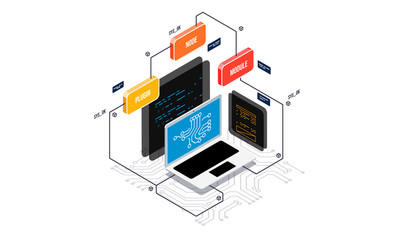 Wall Mural - Isometric design concept virtual reality and augmented reality. software development and programming. Computation of big data center, information processing, database. isometric vector technology