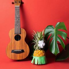 Ripe pineapple in a Hawaiian green skirt. Small guitar on a red bright background. Funny muzzle . Party concept.