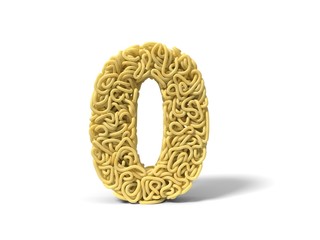 noodle in shape of number 0. curly spaghetti for cooking. 3d illustration