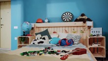 Rotation View Of Little Boy�s Room With Lego Toys, Ukulele On Bed, Dinosaurs And Other Staff, Surprisingly Red Superhero�s Cape Falling. Happy Childhood, Private, Comfort Zone Concept