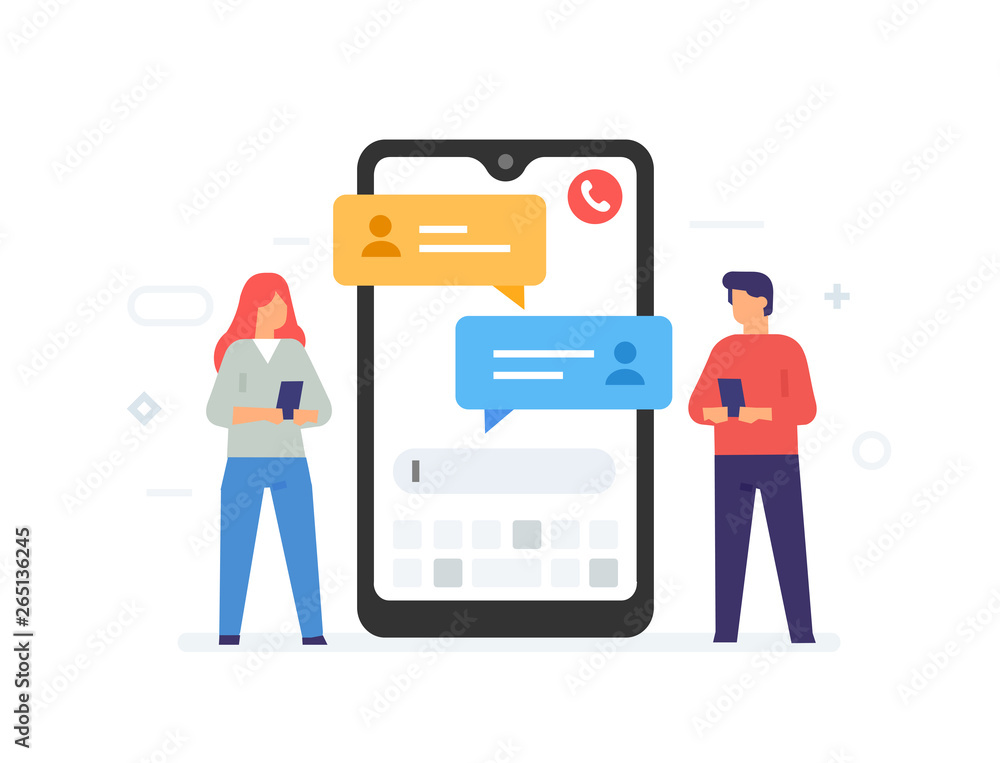 Chat messages notification on smartphone vector illustration, flat cartoon sms bubbles on mobile phone screen, man person chatting on cellphone with woman isolated - obrazy, fototapety, plakaty 