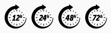 12, 24, 48 And 72 Hours Clock Arrow, Deodorant Work Time Effect. Vector Delivery Service Time Icons