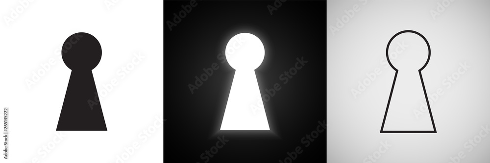 Keyhole vector icons. Door key hole with light glow silhouette and outline symbols - obrazy, fototapety, plakaty 