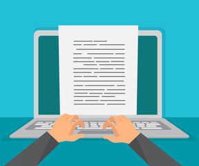 Wall Mural - businessman hand on laptop keyboard writing document on monitor, vector illustration