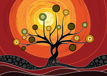 Tree On The Hill, An Illustration Based On Aboriginal Style Of Background Depicting Nature.