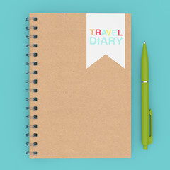 Fototapete - Brown Spiral Travel Diary Notepad with Pen. 3d Rendering
