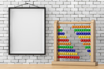 Toy Abacus with Rainbow Colored Beads in front of Brick Wall with Blank Frame. 3d Rendering