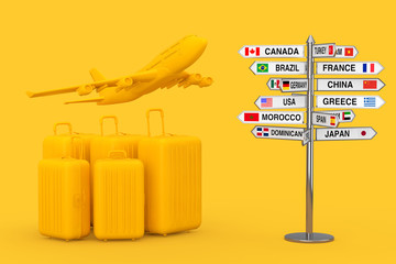 Air Travel Concept. Large Yellow Polycarbonate Suitcases with Yellow Jet Passenger's Airplane near Signpost with Various Countries Names and Flags. 3d Rendering