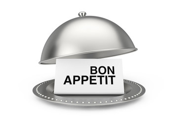 Wall Mural - Paper with Bon Appetit Sign in Restaurant Cloche. 3d Rendering