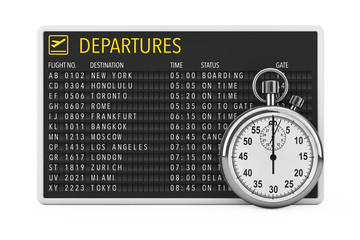 Aufkleber - In Time Fly Concept. Airport Departures Table Board with Stopwatch. 3d Rendering