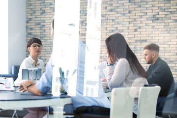 Poster - Office employees having meeting in conference room. Finance trading