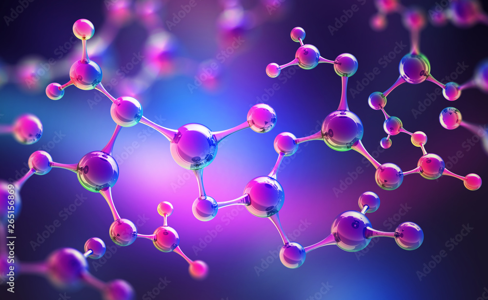 Medical studies of molecular structures. Science in the service of man. Technologies of the future in our life. 3D illustration of a molecule model in neon light - obrazy, fototapety, plakaty 