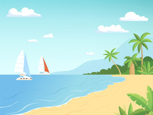Seaside Landscape. Summer Beach With Palm Trees Sailboats Adventure Cartoon Outdoor Background. Illustration Of Summer Beach Sea With Sailboat