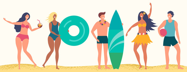 Sticker - Summer beach vector characters. Happy boys and girls on sand beach. People activity on beach sea, summer coast relax illustration