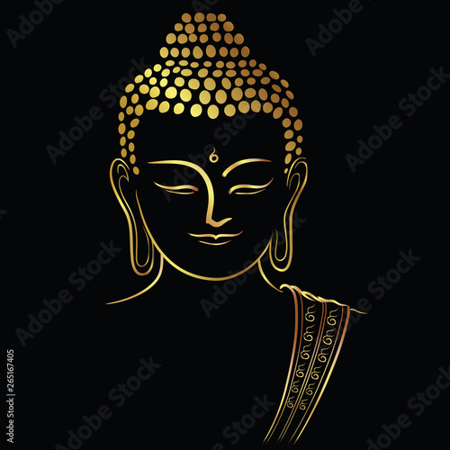 Fotomural Golden buddha head with golden border element isolate on black